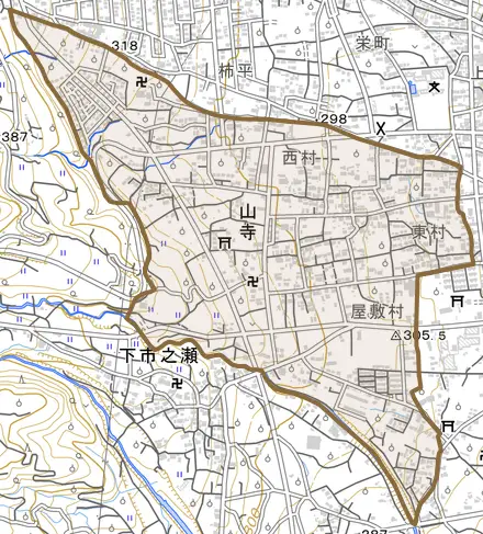 山寺とその周辺の地図。町の範囲を重ねている
