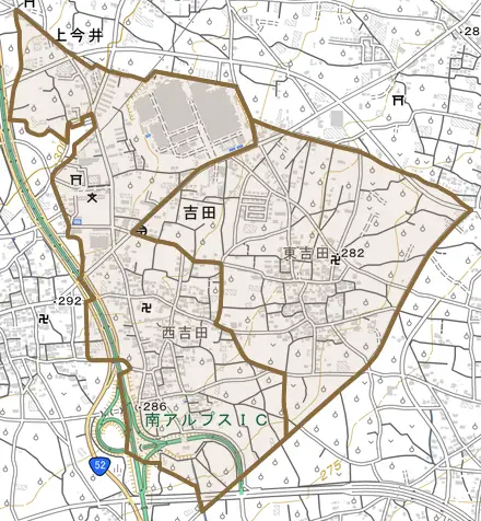 吉田とその周辺の地図。町の範囲を重ねている