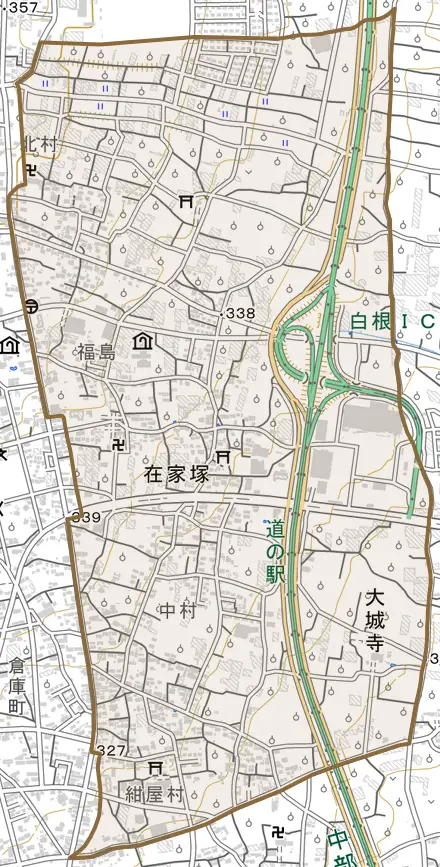 在家塚とその周辺の地図。町の範囲を重ねている