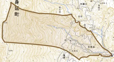 古長谷とその周辺の地図。町の範囲を重ねている