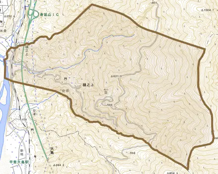 樋之上とその周辺の地図。町の範囲を重ねている