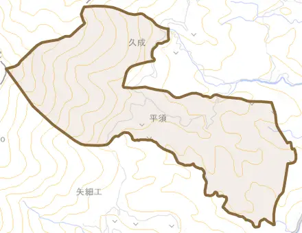 平須とその周辺の地図。町の範囲を重ねている