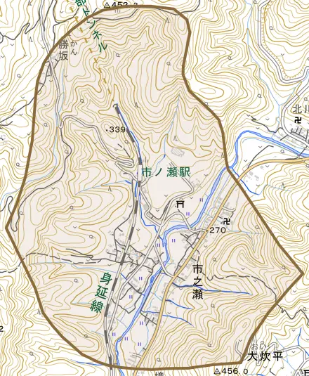 市之瀬とその周辺の地図。町の範囲を重ねている