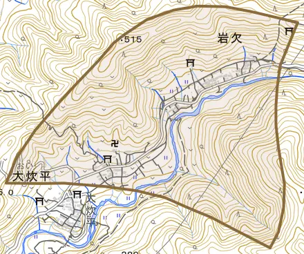 岩欠とその周辺の地図。町の範囲を重ねている