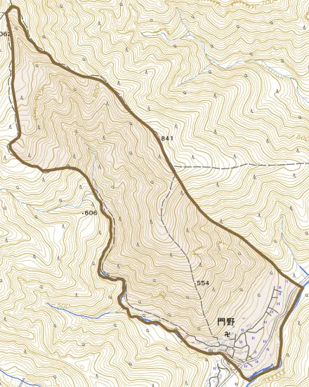 門野とその周辺の地図。町の範囲を重ねている