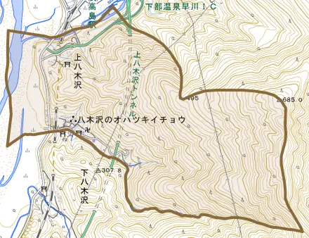 上八木沢とその周辺の地図。町の範囲を重ねている