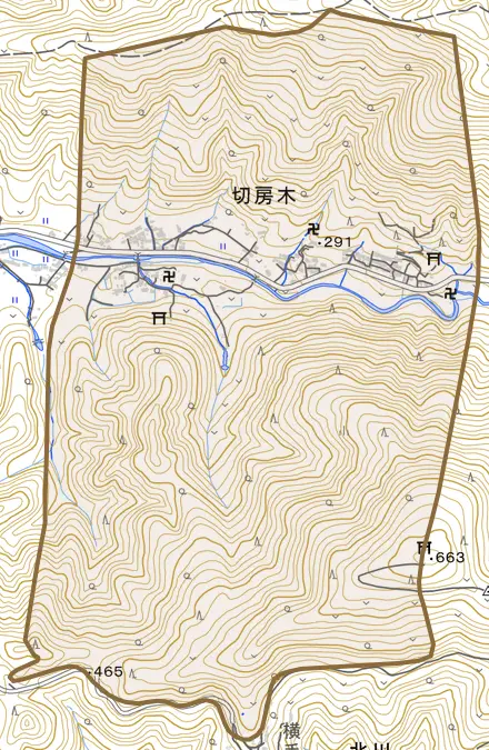 切房木とその周辺の地図。町の範囲を重ねている
