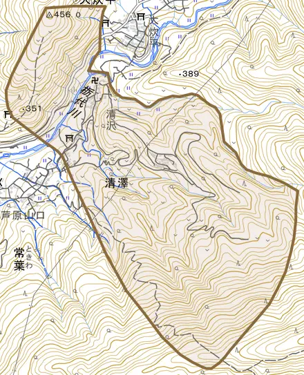 清沢とその周辺の地図。町の範囲を重ねている