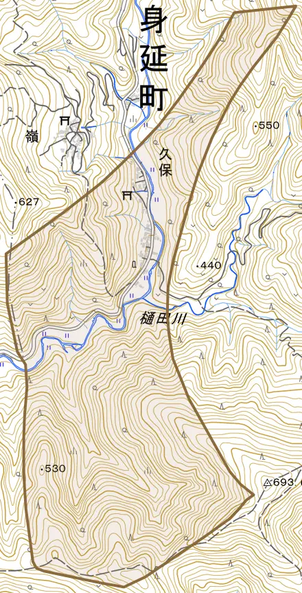 久保とその周辺の地図。町の範囲を重ねている