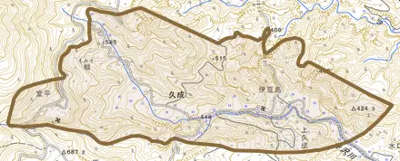 久成とその周辺の地図。町の範囲を重ねている