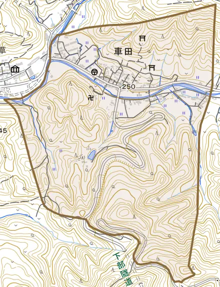 車田とその周辺の地図。町の範囲を重ねている