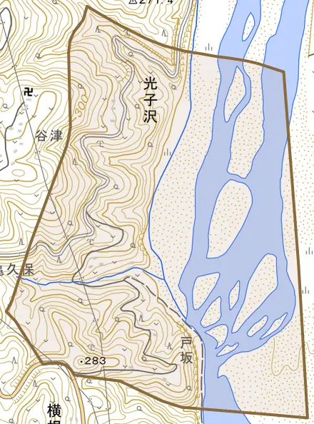 光子沢とその周辺の地図。町の範囲を重ねている