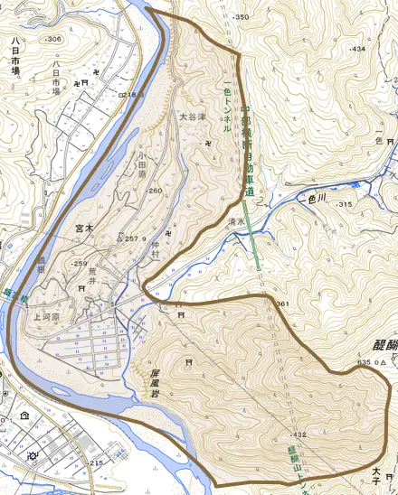 宮木とその周辺の地図。町の範囲を重ねている