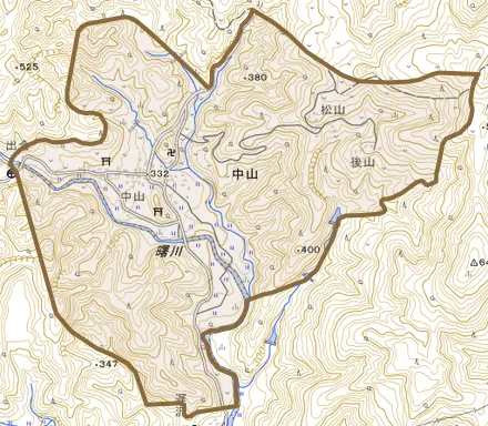 中山とその周辺の地図。町の範囲を重ねている