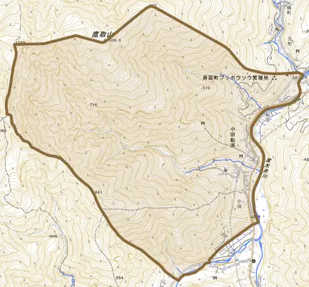 小田船原とその周辺の地図。町の範囲を重ねている