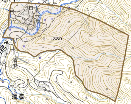 大炊平とその周辺の地図。町の範囲を重ねている