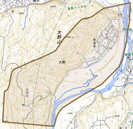 大野とその周辺の地図。町の範囲を重ねている