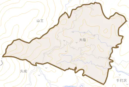 大塩とその周辺の地図。町の範囲を重ねている