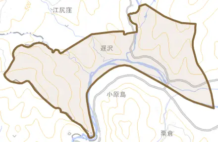 遅沢とその周辺の地図。町の範囲を重ねている
