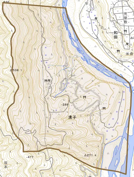 清子とその周辺の地図。町の範囲を重ねている