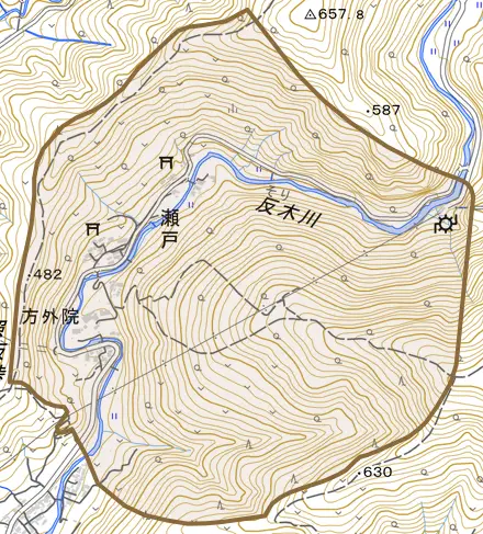 瀬戸とその周辺の地図。町の範囲を重ねている