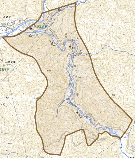 下部とその周辺の地図。町の範囲を重ねている