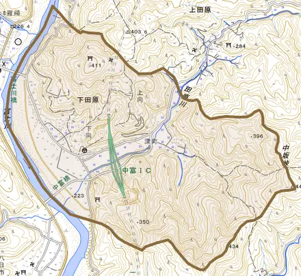 下田原とその周辺の地図。町の範囲を重ねている