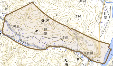 寺沢とその周辺の地図。町の範囲を重ねている