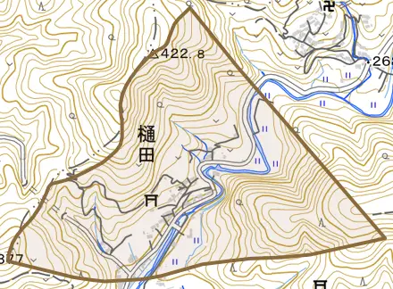 樋田とその周辺の地図。町の範囲を重ねている