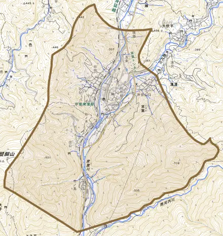 常葉とその周辺の地図。町の範囲を重ねている