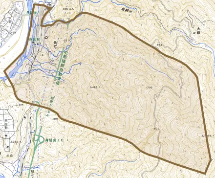 角打とその周辺の地図。町の範囲を重ねている