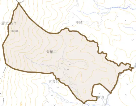 矢細工とその周辺の地図。町の範囲を重ねている