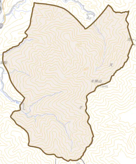 湯之奥とその周辺の地図。町の範囲を重ねている