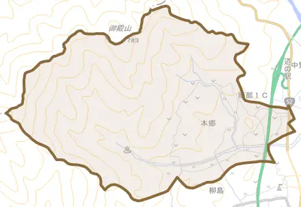 本郷とその周辺の地図。町の範囲を重ねている