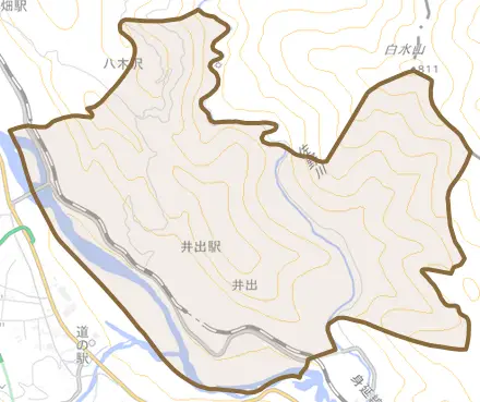 井出とその周辺の地図。町の範囲を重ねている