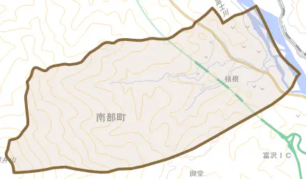 楮根とその周辺の地図。町の範囲を重ねている