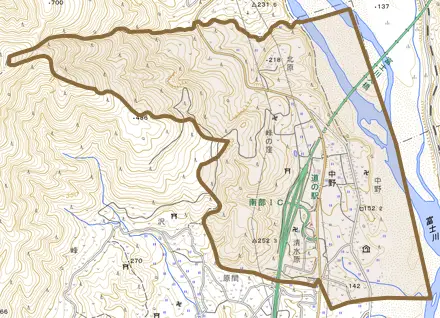 中野とその周辺の地図。町の範囲を重ねている