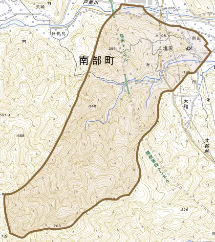 塩沢とその周辺の地図。町の範囲を重ねている