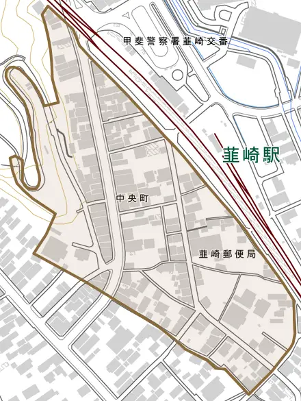 中央町とその周辺の地図。町の範囲を重ねている