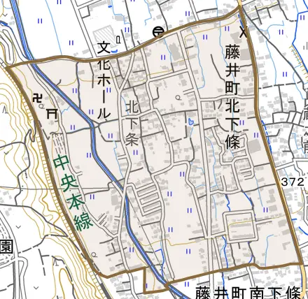 藤井町北下條とその周辺の地図。町の範囲を重ねている