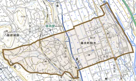 藤井町駒井とその周辺の地図。町の範囲を重ねている