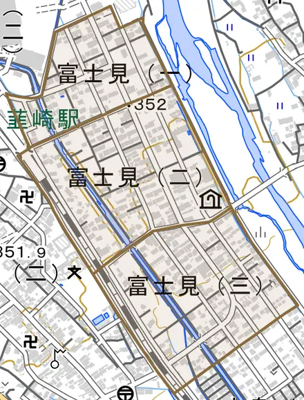 富士見とその周辺の地図。町の範囲を重ねている