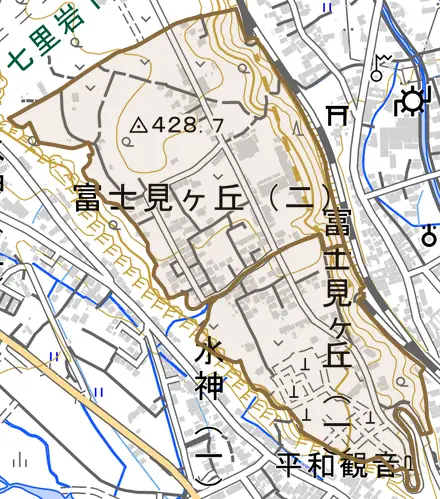 富士見ケ丘とその周辺の地図。町の範囲を重ねている
