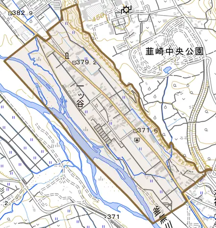 一ツ谷とその周辺の地図。町の範囲を重ねている
