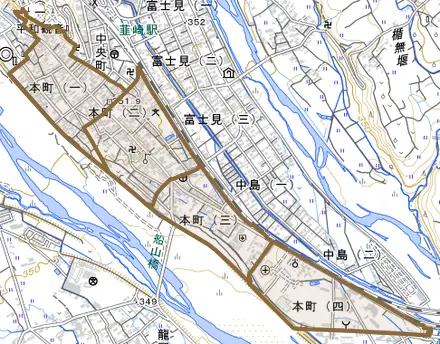 本町とその周辺の地図。町の範囲を重ねている