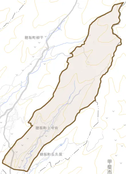 穂坂町上今井とその周辺の地図。町の範囲を重ねている