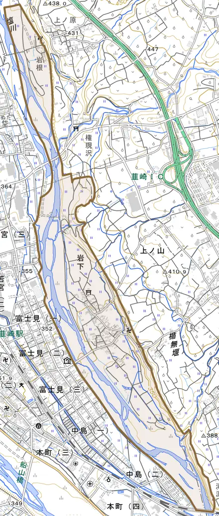 岩下とその周辺の地図。町の範囲を重ねている