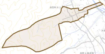 神山町北宮地とその周辺の地図。町の範囲を重ねている