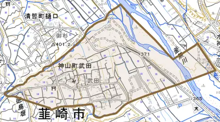 神山町武田とその周辺の地図。町の範囲を重ねている