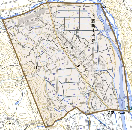 円野町上円井とその周辺の地図。町の範囲を重ねている